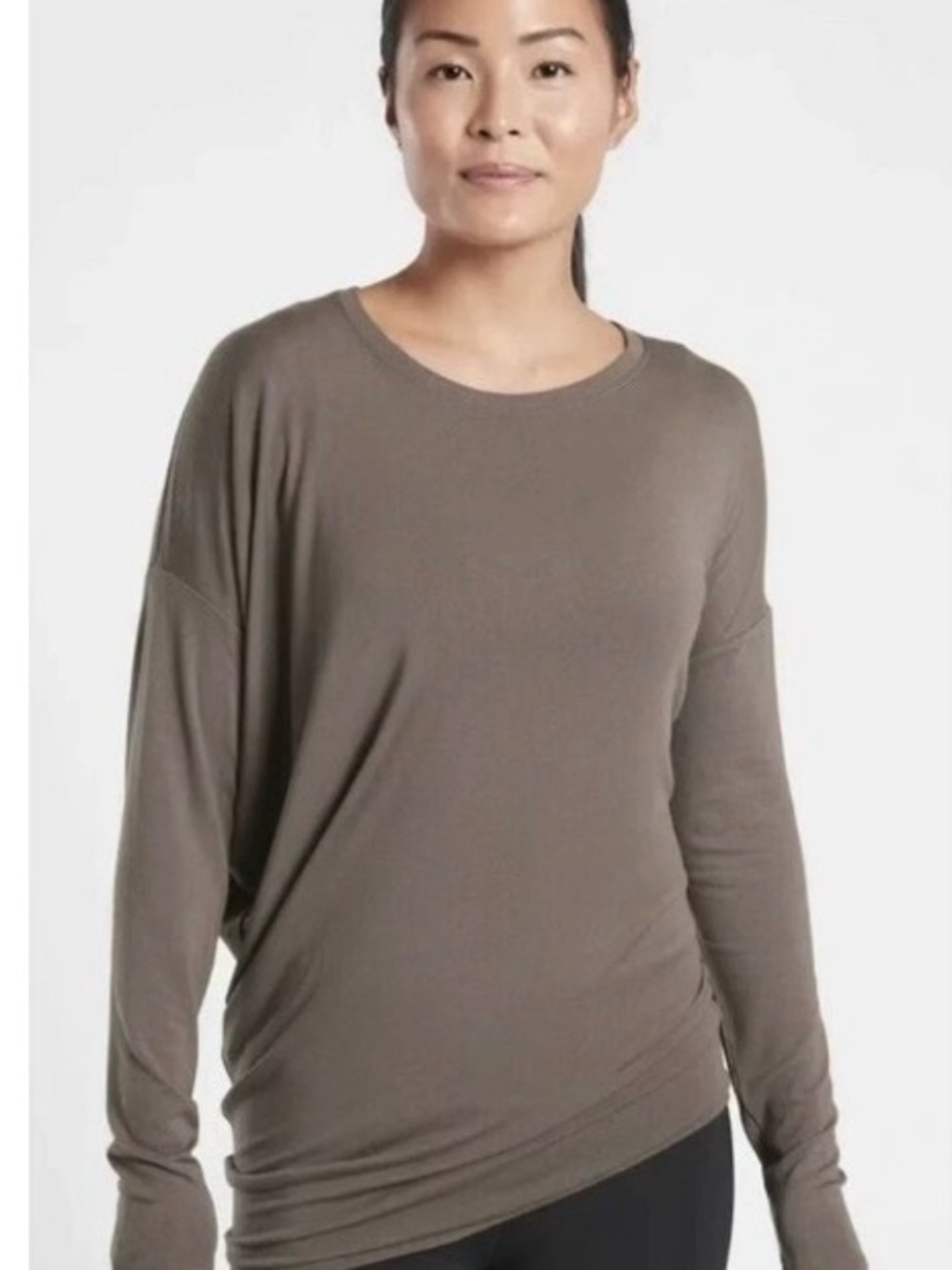 Athleta Asymmetrical Cloudlight Restore Long Sleeve Crewneck Top in Taupe